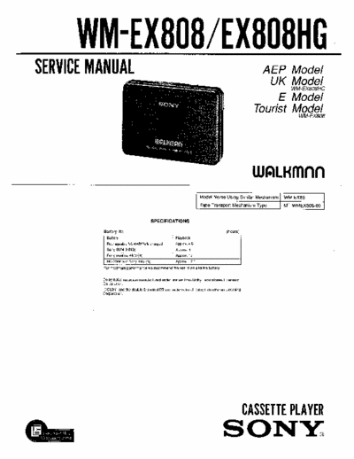 Sony WM-808 WM-808HG Service Manual for Sony Stereo Cassette Player (Walkman) WM-808 WM-808HG.