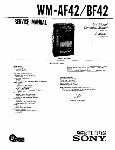 Sony WM-AF42 WM-BF42 Service Manual for Sony Stereo Cassette Player (Walkman) WM-AF42 WM-BF42.