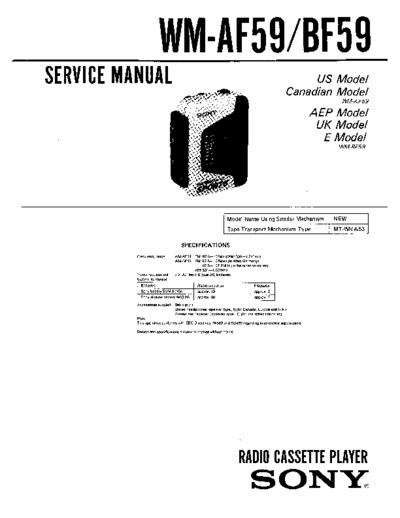 Sony WM-AF59 WM-BF59 Service Manual for Sony Stereo Cassette Player (Walkman) WM-AF59 WM-BF59.