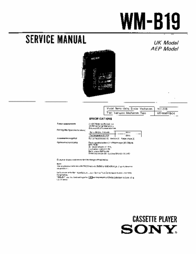 Sony WM-B19 Service Manual for Sony Stereo Cassette Player (Walkman) WM-B19.
