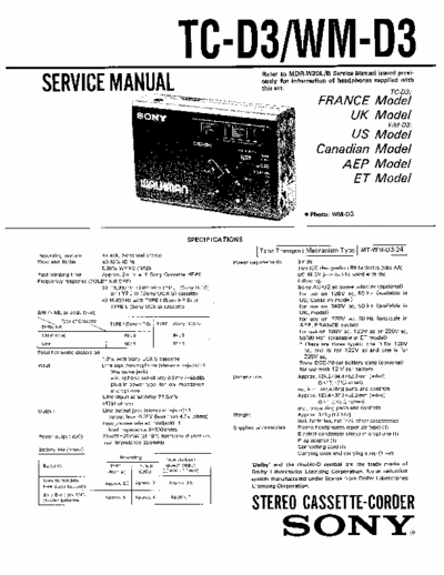 Sony WM-D3 TC-D3 Service Manual for Sony Stereo Cassette Recorder (Walkman) WM-D3 TC-D3.