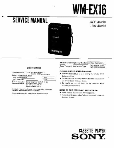 Sony WM-EX16 Service Manual for Sony Stereo Cassette Player (Walkman) WM-EX16.