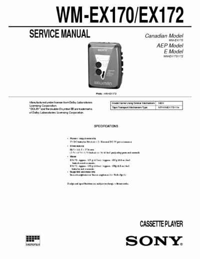 Sony WM-EX170 Service Manual for Sony Stereo Cassette Player (Walkman) WM-EX170.