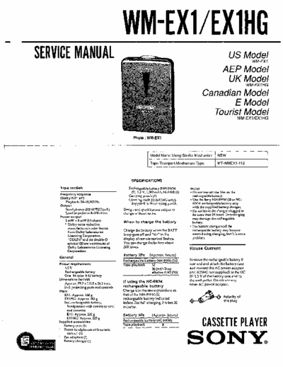 Sony WM-EX1 WM-EX1HG Service Manual for Sony Stereo Cassette Player (Walkman) WM-EX1 WM-EX1HG.