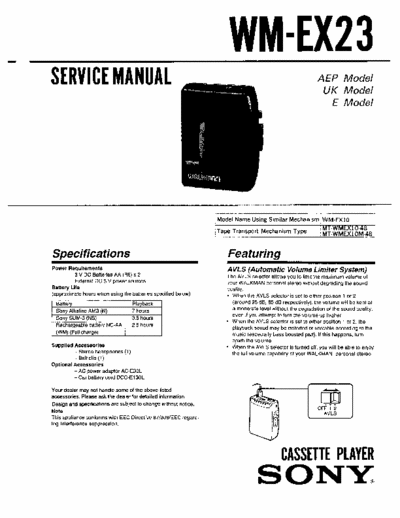 Sony WM-EX23 Service Manual for Sony Stereo Cassette Player (Walkman) WM-EX23.