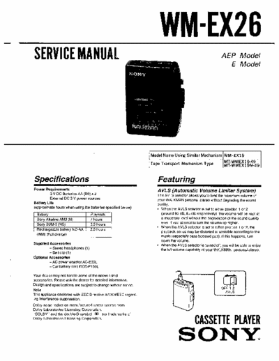 Sony WM-EX26 Service Manual for Sony Stereo Cassette Player (Walkman) WM-EX26.