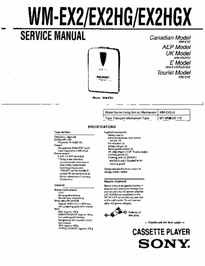 Sony WM-EX2 WM-EX2HG WM-EX2HGX Service Manual for Sony Stereo Cassette Player (Walkman) WM-EX2 WM-EX2HG WM-EX2HGX.