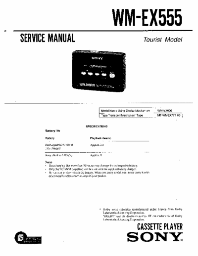 Sony WM-EX555 Service Manual for Sony Stereo Cassette Player (Walkman) WM-EX555.