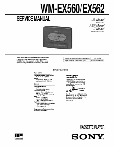 Sony WM-EX560 WM-EX562 Service Manual for Sony Stereo Cassette Player (Walkman) WM-EX560 WM-EX562.