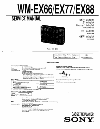 Sony WM-EX66 WM-EX77 WM-EX88 Service Manual for Sony Stereo Cassette Player (Walkman) WM-EX66 WM-EX77 WM-EX88.