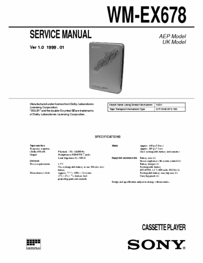 Sony WM-EX678 Service Manual for Sony Stereo Cassette Player (Walkman) WM-EX678.