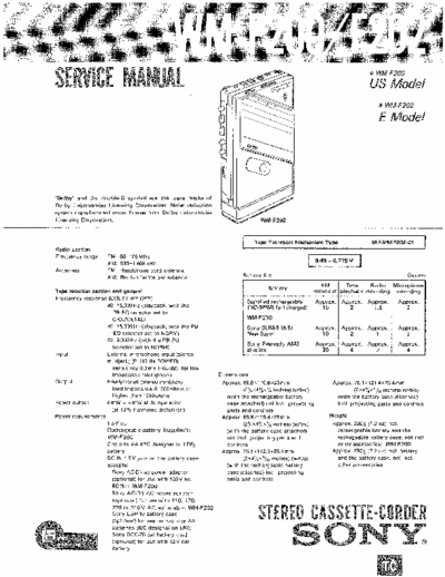 Sony WM-F200 WM-F202 Service Manual for Sony Stereo Cassette Recorder (Walkman) WM-F200 WM-F202.