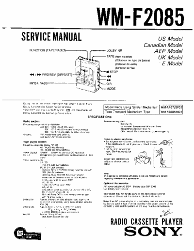 Sony WM-2085 Service Manual for Sony Stereo Cassette Player (Walkman) WM-F2085.
