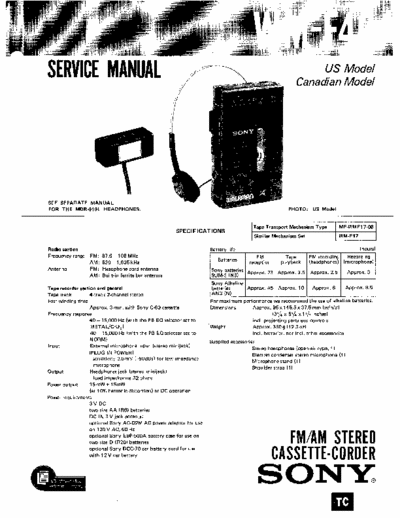 Sony WM-F46 Service Manual for Sony Stereo Cassette Player (Walkman) WM-F46.