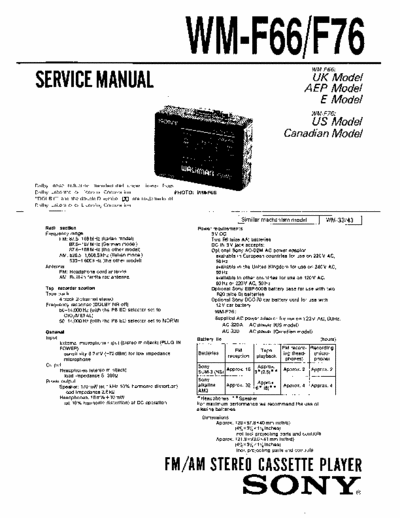 Sony WM-F66 WM-F76 Service Manual for Sony Stereo Cassette Recorder (Walkman) WM-F66 WM-F76.