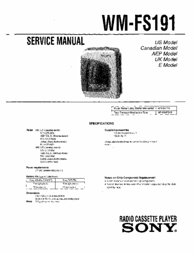 Sony WM-FS191 Service Manual for Sony Stereo Cassette Player (Walkman) WM-FS191.