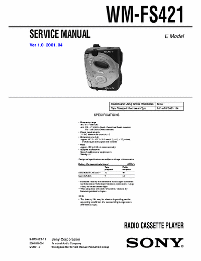 Sony WM-FS421 Service Manual for Sony Stereo Cassette Player (Walkman) WM-FS421.