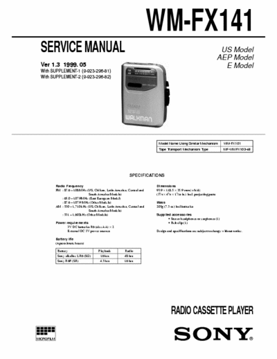 Sony WM-FX141 Service Manual for Sony Stereo Cassette Player (Walkman) WM-FX141.