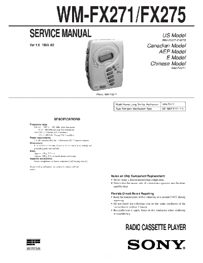 Sony WM-FX271 WM-FX275 Service Manual for Sony Stereo Cassette Player (Walkman) WM-FX271 WM-FX275.