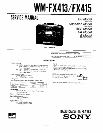 Sony WM-FX413 WMFX415 Service Manual for Sony Stereo Cassette Player (Walkman) WM-FX413 WMFX415.