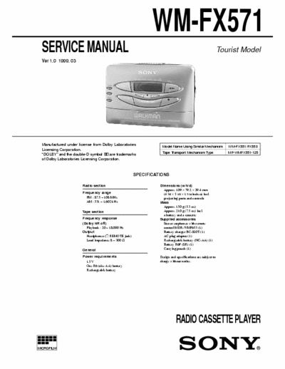 Sony WM-FX571 Service Manual for Sony Stereo Cassette Player (Walkman) WM-FX571.