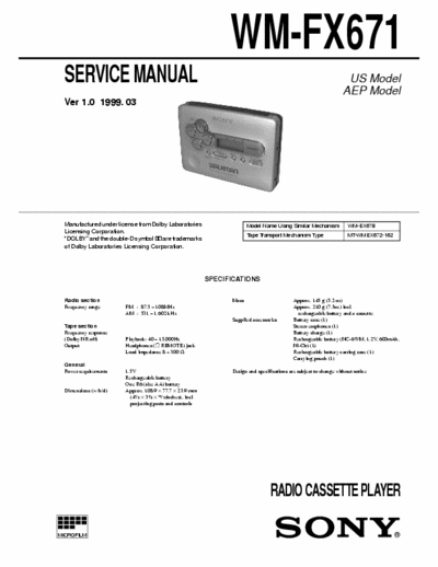 Sony WM-FX671 Service Manual for Sony Stereo Cassette Player (Walkman) WM-FX671.