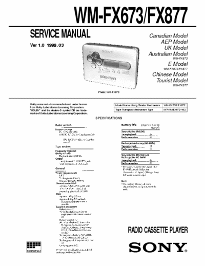 Sony WM-FX673 WM-FX877 Service Manual for Sony Stereo Cassette Player (Walkman) WM-FX673 WM-FX877.