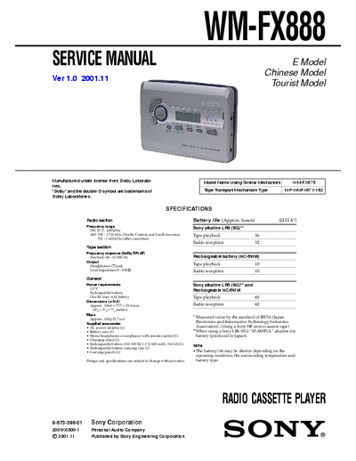 Sony WM-FX888 Service Manual for Sony Stereo Cassette Player (Walkman) WM-FX888.