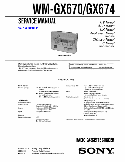 Sony WM-GX670 WM-GX674 Service Manual for Sony Stereo Cassette Player (Walkman) WM-GX670 WM-GX674.