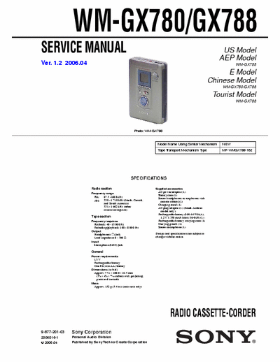 Sony WM-GX780 WM-GX788 Service Manual for Sony Stereo Cassette Player (Walkman) WM-GX780 WM-GX788.