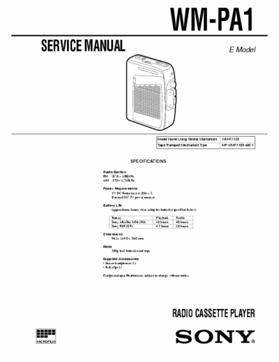 Sony WM-PA1 Service Manual for Sony Stereo Cassette Player (Walkman) WM-PA1.