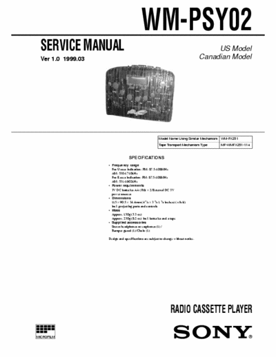 Sony WM-PSY02 Service Manual for Sony Stereo Cassette Player (Walkman) WM-PSY02.