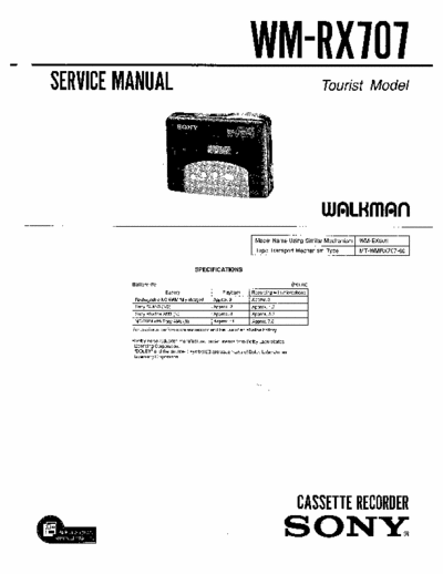 Sony WM-RX707 Service Manual for Sony Stereo Cassette Player (Walkman) WM-RX707.