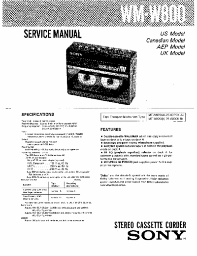 Sony WM-W800 Service Manual for Sony Stereo Cassette Player & Recorder (Walkman) WM-800.