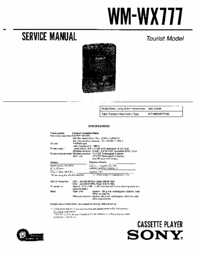 Sony WM-WX777 Service Manual for Sony Stereo Cassette Player (Walkman) WM-WX777.