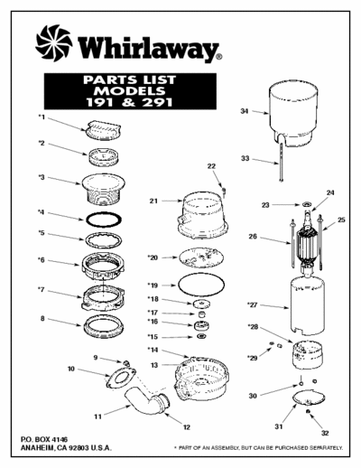 Whirlaway 191 2 page parts list for Whirlaway garbage disposal model # 191 & 291. Toll free phone number (USA) to order parts is 1-800-854-3229.