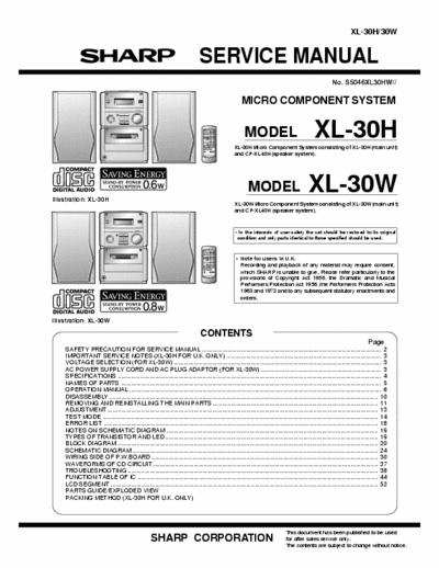 Sharp XL-30-H XL-30H Micro Component System consisting of XL-30H (main unit) and CP-XL40H (speaker system).
-Original Service Manual From Sharp In Excellent Quality-