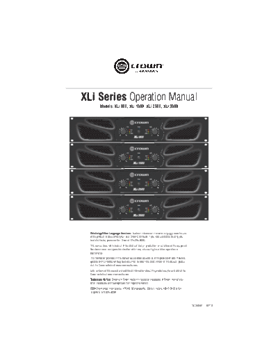 Crown XLi 800, XLi 1500, XLi 2500, XLi 3500 XLi Series Operation Manual
XLi 800, XLi 1500, XLi 2500, XLi 3500
Crown by Harman