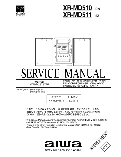Aiwa XR-MD510 XR-MD511 (Supplement) SUPPLEMENT - Tape mech. 2ZM-1 YR9NF - CD mech. 3ZG-3 YE3NC - MD mech. AZG-4A - Type D,K,EZ - pag. 26