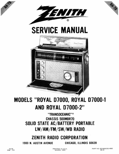 Zenith Royal D7000 [D7000-1, D7000-2] Service Manual Solid State AC/Battery portable radio Transoceanic [chassis 500MDR70, RA-79] Part File 1/2, pag. 16