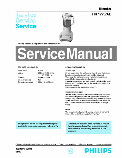 Philips HR1775/AB Service Manual - pag. 3