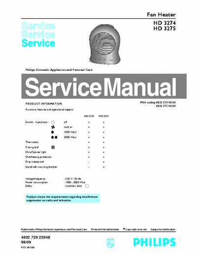 Philips HD3274, HD3275 Service Manual Fan Heater - pag. 4