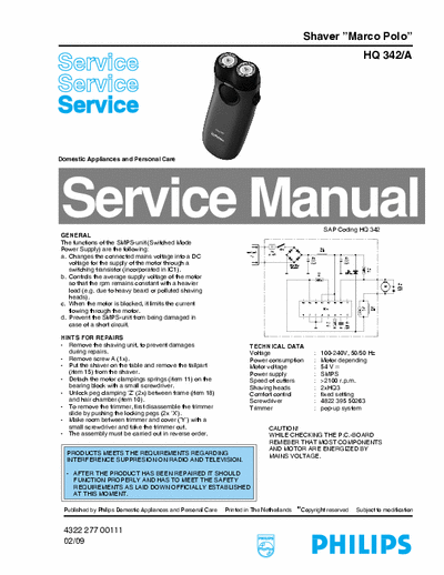 Philips Marco Polo HQ342/A Service Manual shaver 100/240V - pag. 2