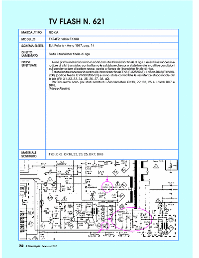 Nokia FX74F2 tv repair - Problem: salta il transistor di riga. [BU2525AF, BYW98-200]