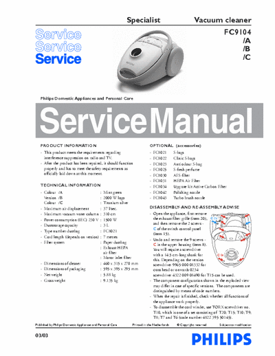 Philips FC9104 Service Manual Specialist Higiene Cylinder Vacuum Cleaner Mint Green- pag. 6