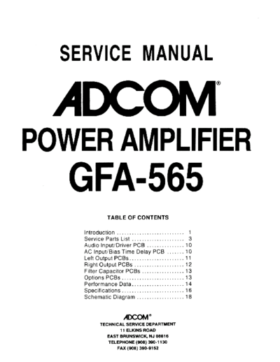 Adcom GFA-565 Power amplifier Service and user manual
