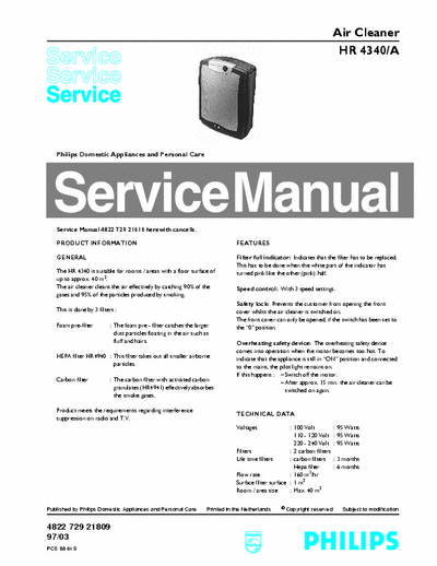 Philips HR4340/A Service Manual Air Cleaner 95W (97/03) - pag. 4