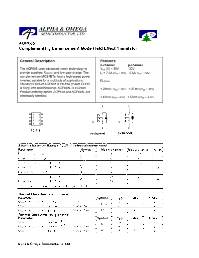 Alpha&Omega AOP605 Complementary Enhancement Mode Field Effect Transistor AOP605 datasheet