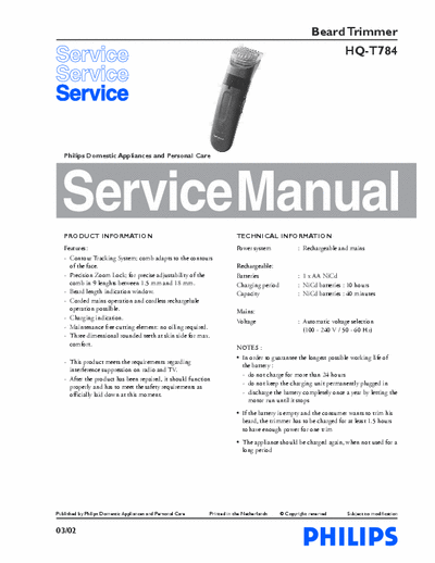 Philips HQ-T784 Service Manual Beard Trimmer (03/02) - pag. 3