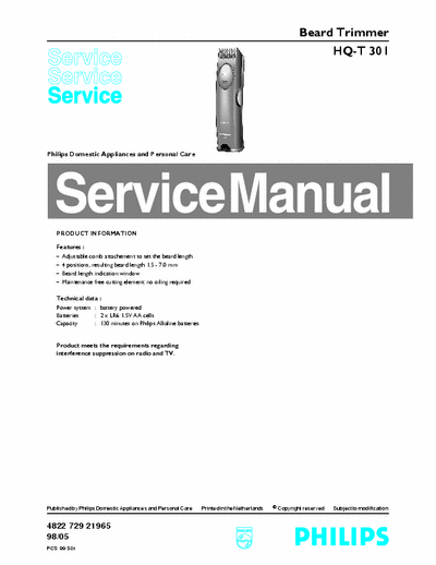 Philips HQ-T301 Service Manual Beard Trimmer 98/05 - pag. 2